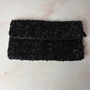 LOFT Black Beaded Sequin Clutch Evening Bag Prom Dance Cocktail Party